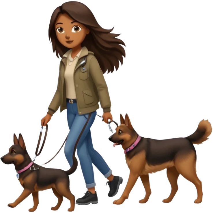 a girl with a brown dark long long hair, she's walking her dog is a german shepard emoji