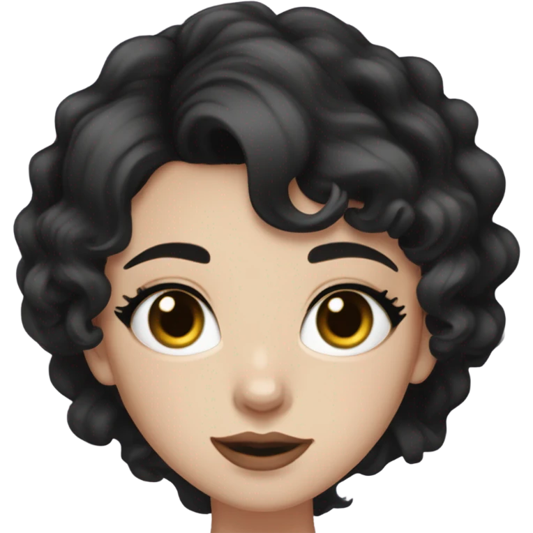 Pale girl,Black wavy hair and silk,dark brown eyes with korean eye liner,cat eye,mature,black short crop top, emoji