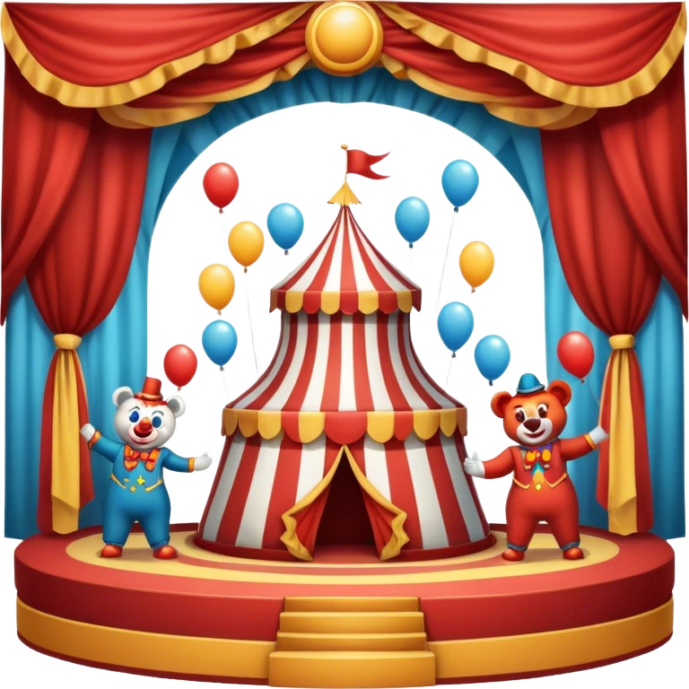 Professional icon for Circus Arts: a dynamic circus stage with acrobats in mid-performance, a clown and trained performing bears. The icon should convey the skill and excitement of the circus, with precise details on costumes, props, and the arena setting. Transparent background. emoji