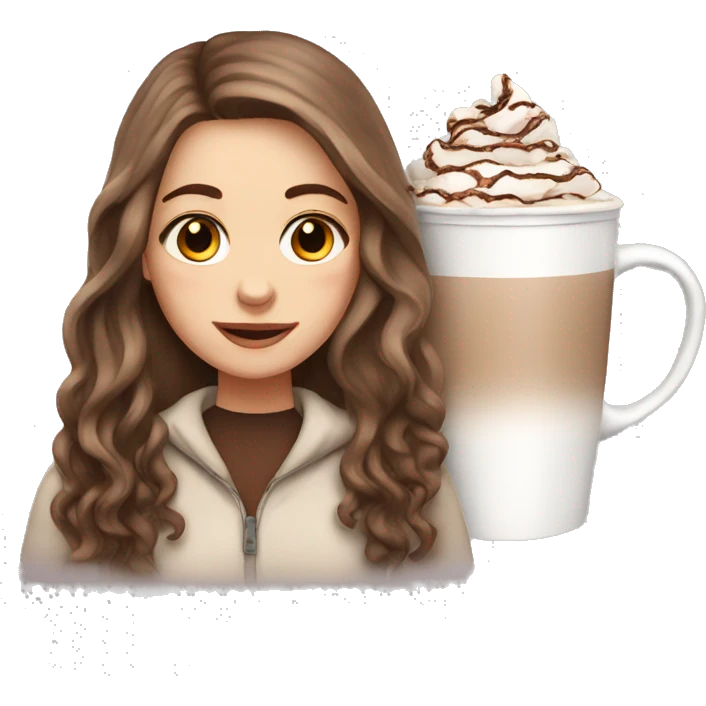 white girl with brown long hair and a hot chocolate emoji