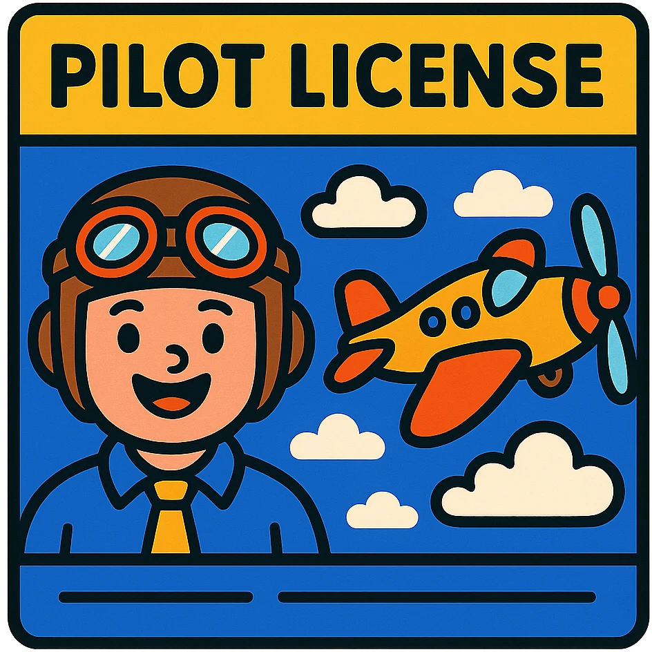 playful pilot license design with cartoon airplane and clouds emoji