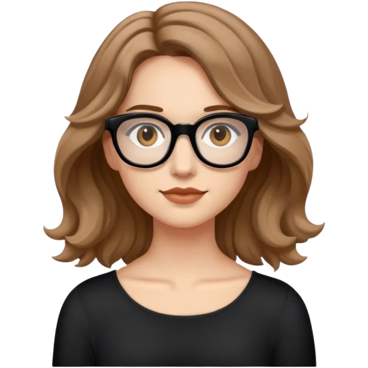 joven mujer de cabello por los hombros ondulado castaño claro, ojos marron, blanca, con gafas negras  emoji