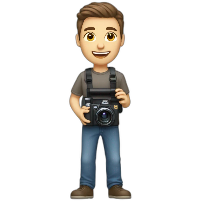 Male Photographer shaved Caucasian wavy hair brunette holding camera emoji