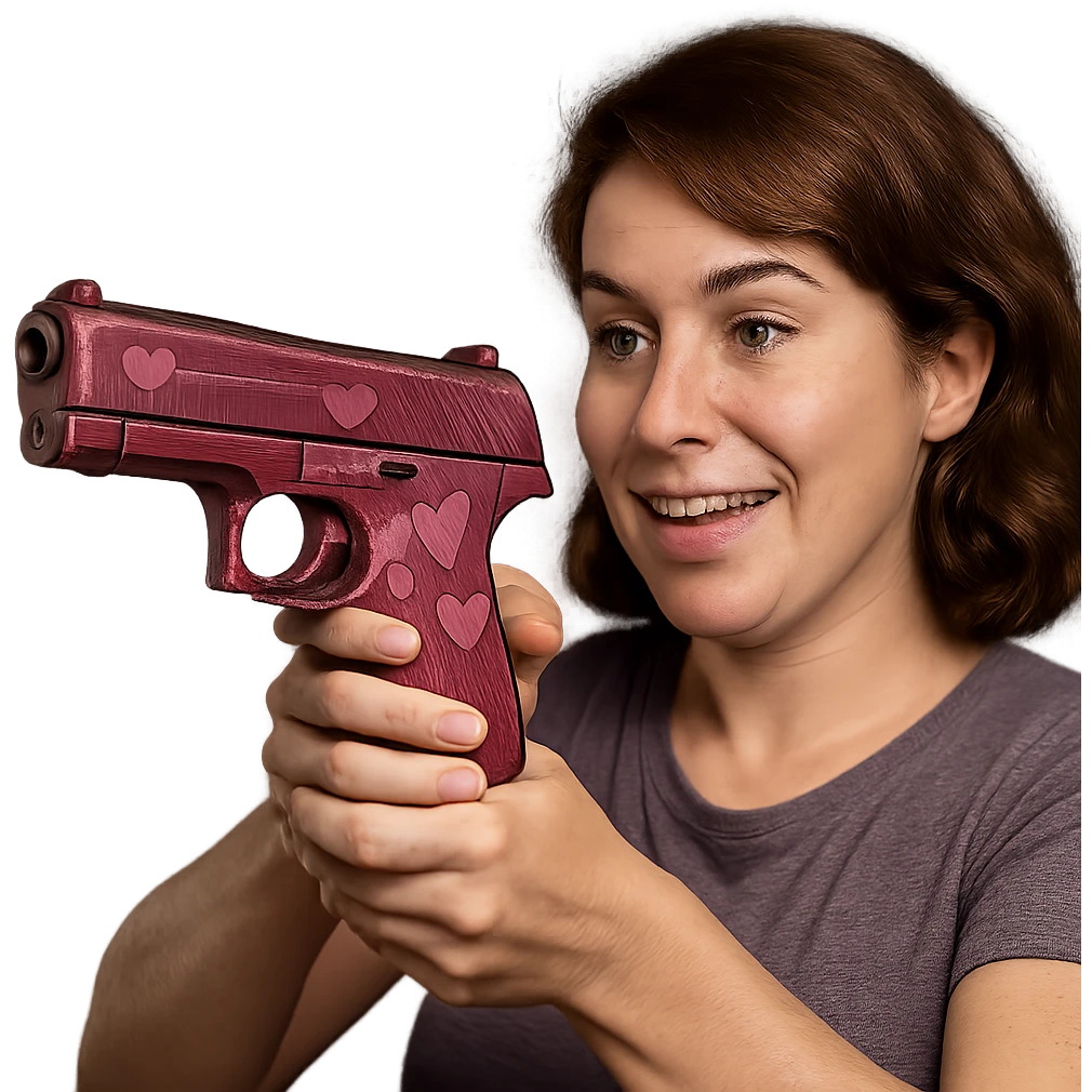 Make this pink pistol with heart motifs look more realistic with metallic textures and realistic lighting, keeping the background transparent. emoji
