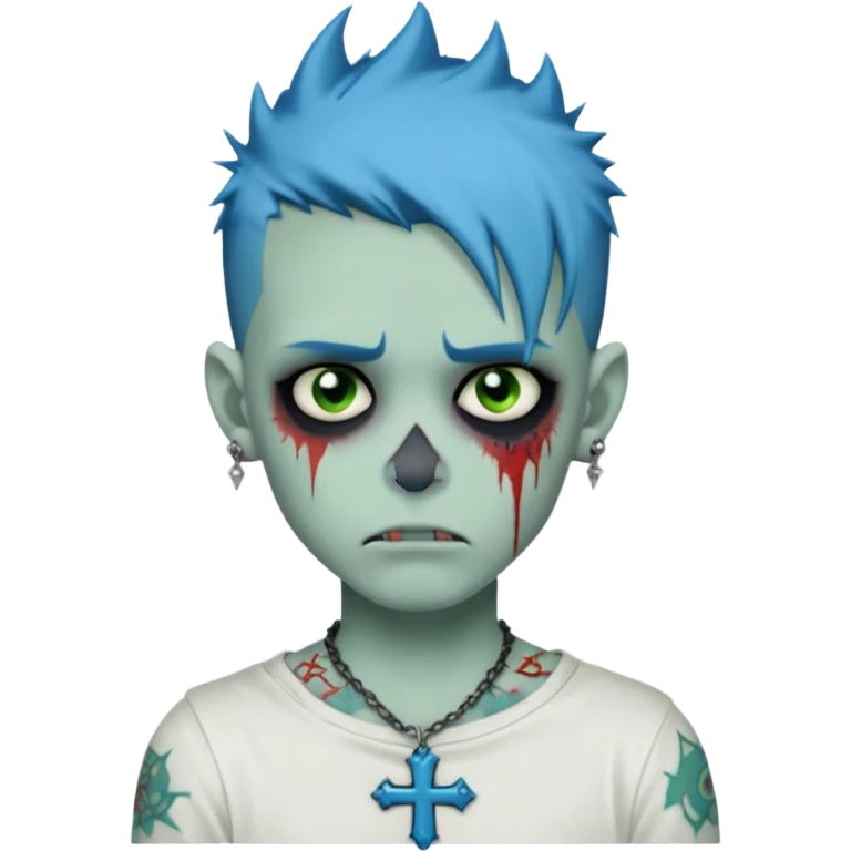 zombie boy with spiky emo blue hair and white shirt , tattos, a risk on the eyebrow, earings,  a necklace with a cross, green skin emoji  emoji