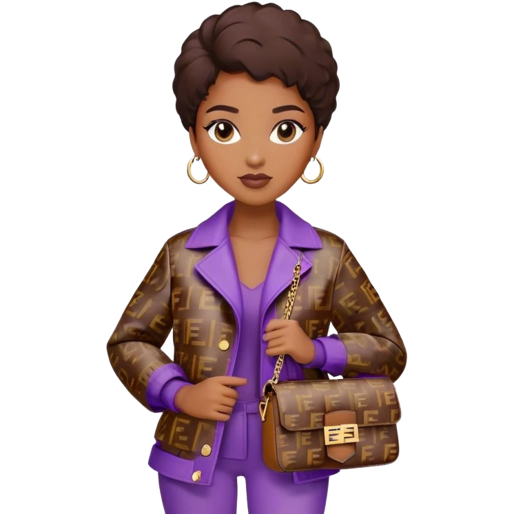 Beautiful black woman wearing a brown monogram Fendi jacket and carrying a purple Fendi baguette bag. I want the image to start at her head and end at the waist emoji