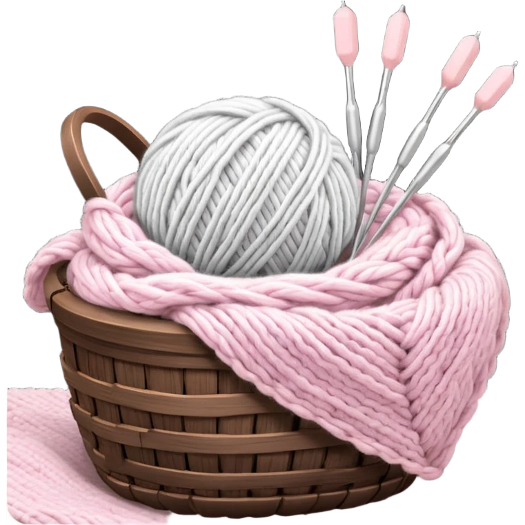 detailed, hyperrealism, still life beautiful ball of chunky white to light pink color wool, placed in a dark wooden basket, with other types of wool, to knit a blanket  metallic silver kitting needles. Transparent background. emoji