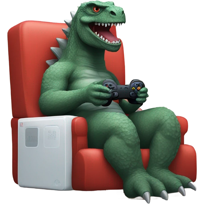 Godzilla sitting in a chair holding a game controller emoji