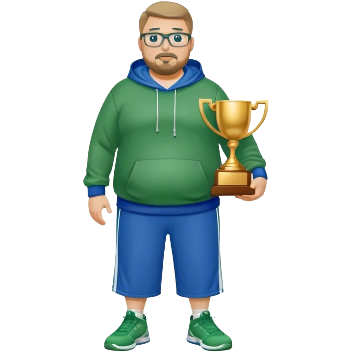 full body white obese male basketball coach with trophy. Goatee , Wearing glasses and blue and green hoodie and khaki pants emoji