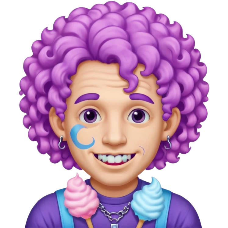 very colorful puffy violet curly haired man made out of cotton candy wearing teeth-braces and excessive face tattoos just face  emoji