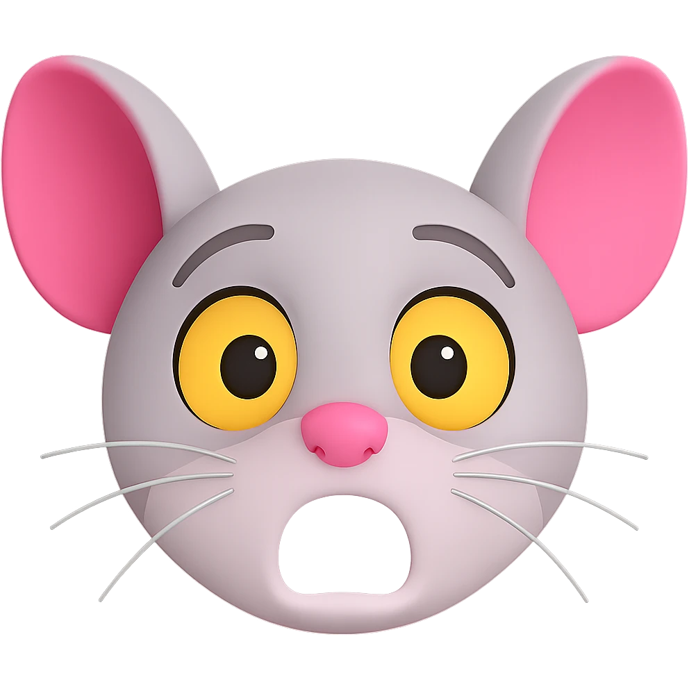 Change the expression to a shocked face instead of tongue out. Keep the same colors and style, do not make the mouse lighter grey. Maintain the 3D emoji look with transparent background. emoji