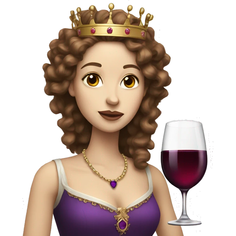 Queen with a purple crown, pale skin, long brown curly hair, drinking wine  emoji