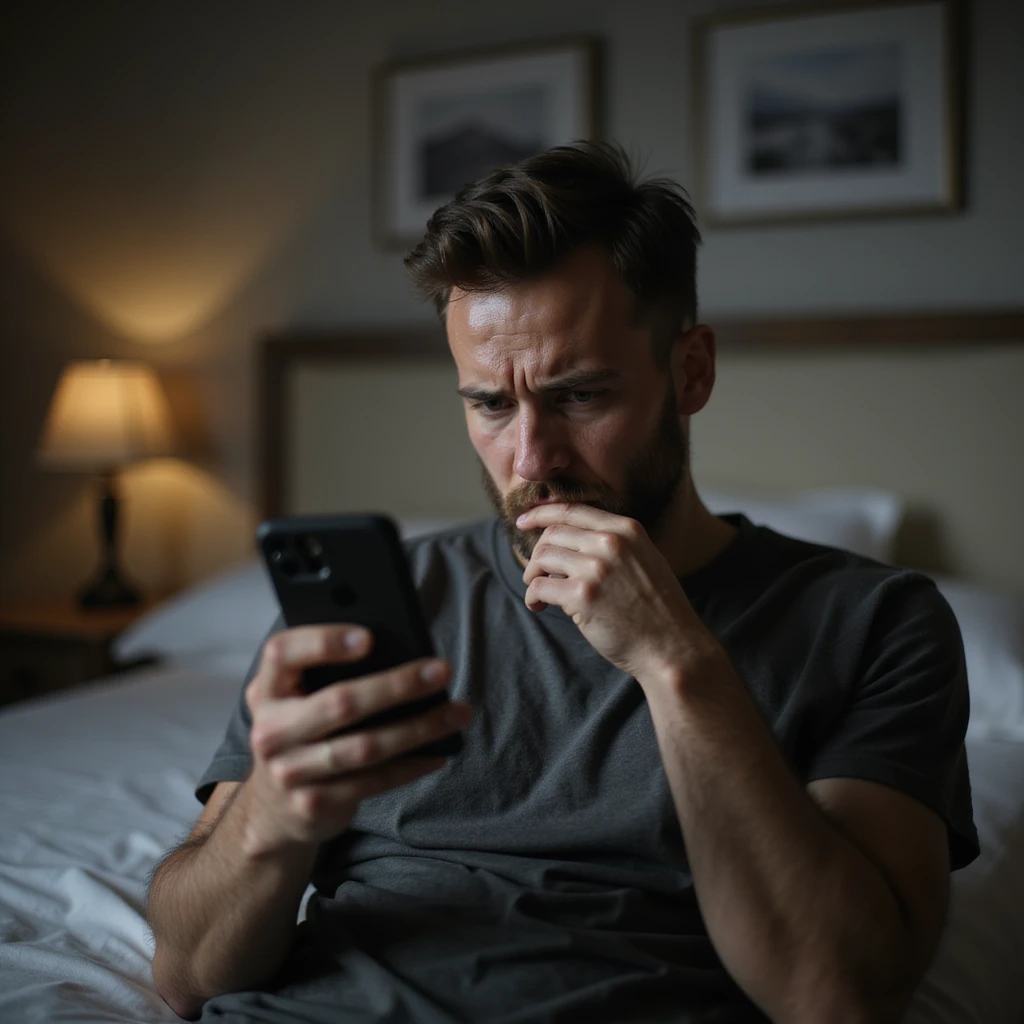 Man posting a photo on social media with a suffering expression and dramatic caption, checking his phone for supportive messages, bedroom, hyperrealistic 4K details emoji