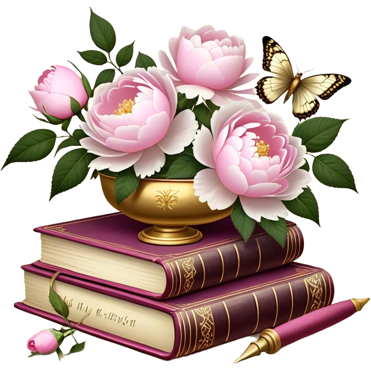 A vintage silk-bound poetry book, its cover embossed with golden floral motifs of pink roses and white peonies, resting on an antique writing desk with an ivory quill and a pearl butterfly sitting lightly on the book’s pages.
 emoji