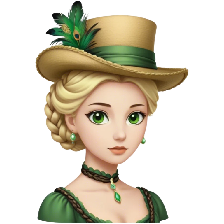 lady with Pale complexion, sharp features, high cheekbones, Blonde hair, usually styled in regancy braided updo, green eyes accessorized with a feathered hat,  emoji
