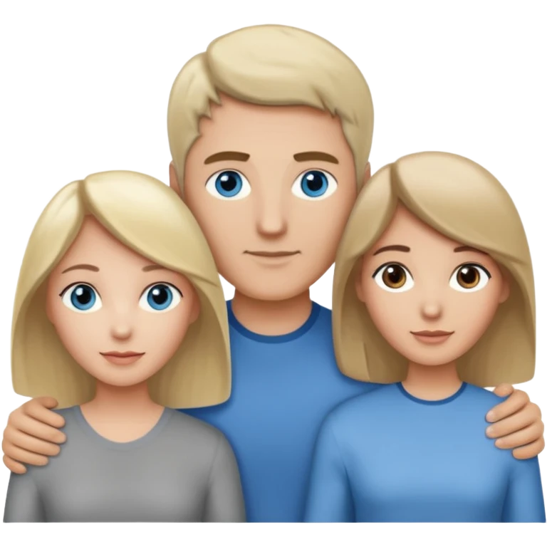 3 people. Throuple. Blank woman with blond hair and blue eye color on left. And also a blank man with brown hair and grey eye color in the middle. And a blank woman with brown hair and grey eye color on the right. Holding each other emoji