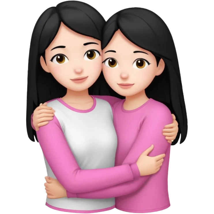 2 girls with black hair hugging each other. One is wearing white clothes and the other is wearing pink clothes emoji