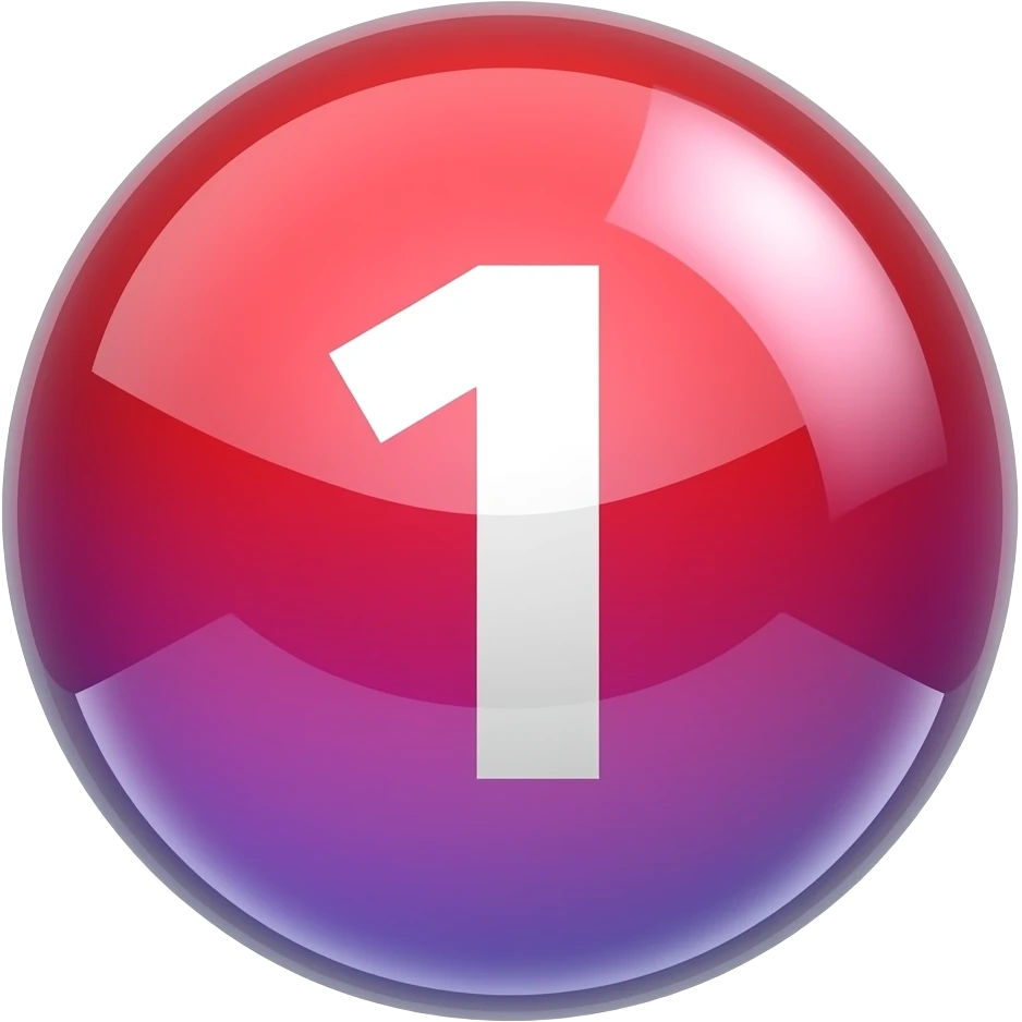 Glossy 3D sphere emoji, "1" bold white text centered, gradient from red to lavender, glass reflection highlight, bubble style icon emoji