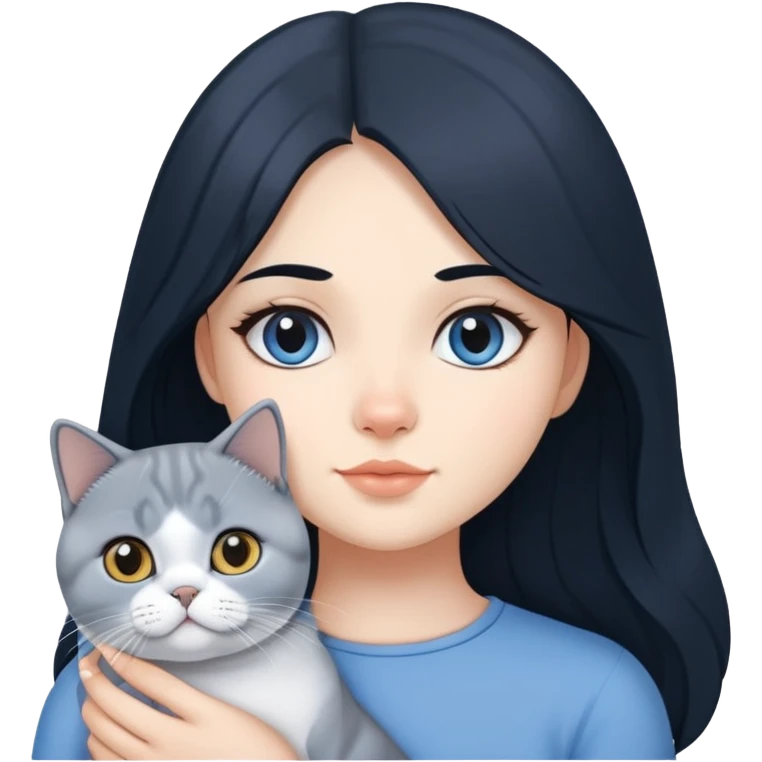 A girl with long black hair is holding a blue and white British shorthair emoji