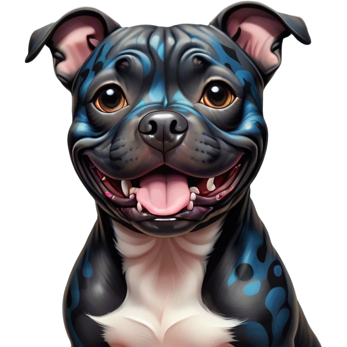 Cinematic Comical Black/Brindle Staffordshire Bull Terrier Portrait Emoji, Head tilted dramatically with an exaggeratedly amused expression, featuring a striking Fur with bold black and brindle patterns, wide, expressive dark eyes filled with playful disbelief, Simplified yet hilariously expressive features, highly detailed, glowing with a slightly sassy glow, high shine, dramatic yet playful, stylized with an air of cheeky mischief, bright and endearing, soft glowing outline, capturing the essence of a spirited and over-the-top guardian, so meme-worthy it feels like it could side-eye its way into internet fame instantly! emoji