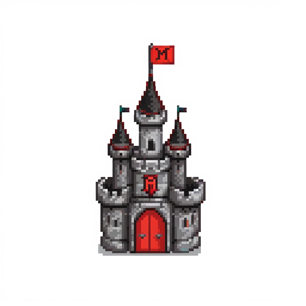 black and red castle with a flag that has the letter M drawn on it emoji
