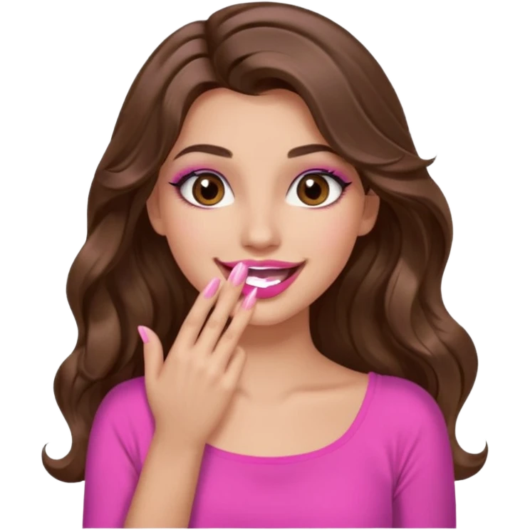 girl with long wavy brown hair, brown eyes, long lashes makeup, pink lips, light to medium complexion, pink sexy top, smiling, hand covering the mouth, emoji