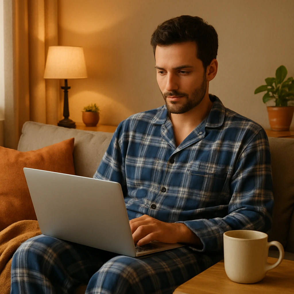 man working on a laptop while wearing pajamas, relaxed, casual home setting, cozy and comfortable atmosphere emoji