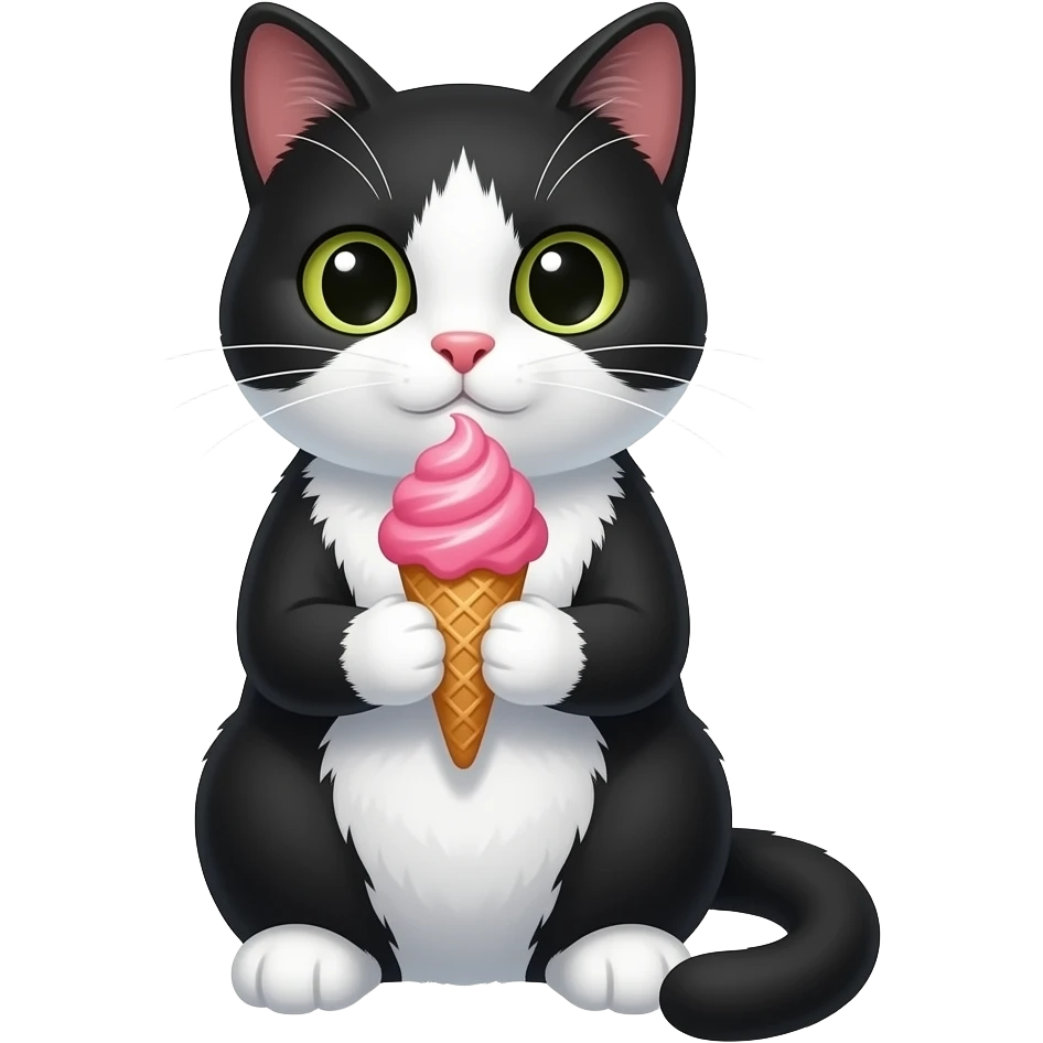 black and white cat sitting pose hold ice cream with two hands pink scope ice cream emoji