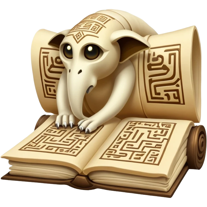 A creature composed of ancient scrolls and papyrus that have gained consciousness, folding and unfolding itself into different animal shapes while the hieroglyphs on its surface glow with arcane energy. emoji