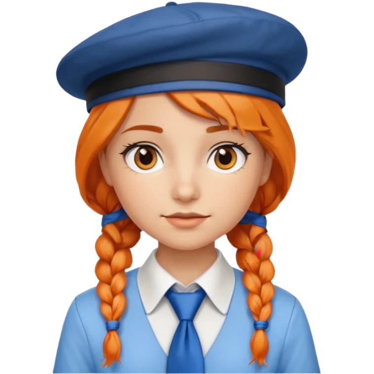 orange braided hair girl, wearing white shirt, Blue Necktie, and a brown berret Hat emoji