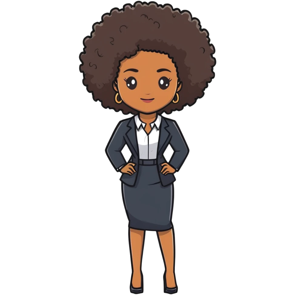 Elegant African career woman with natural curly afro hair, corporate outfit, professional demeanor emoji