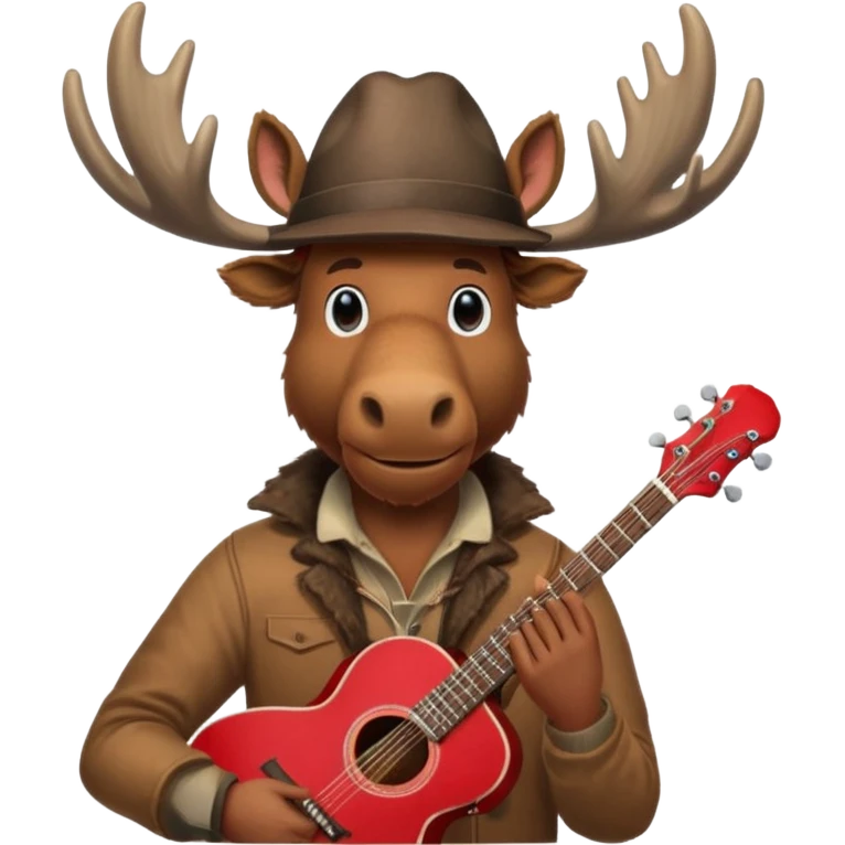 A man with a moose head in alaska pointing a red guitar directly up in the air. Make the graphics gritty and realistic like the moose man is a villian in a high budget batman movie. It needs to be 100 times more dark themed and realistic. Like your batman characters  emoji