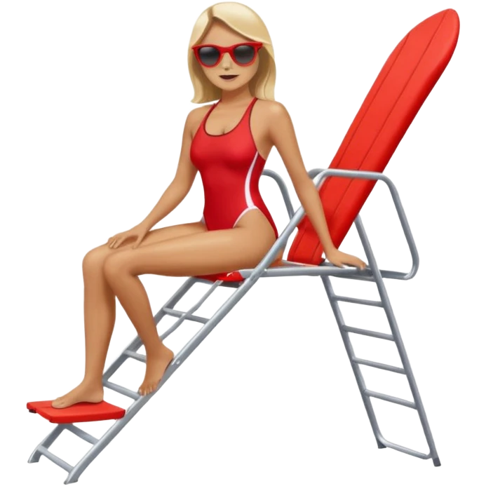 Female lifeguard – red swimsuit, sunglasses, sitting on tall lifeguard chair. emoji