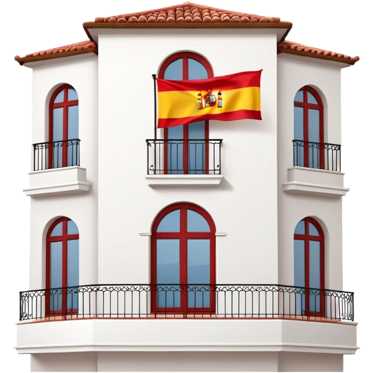 White stucco Spanish villa with red clay tile roof, arched windows, with Spanish flag (red-yellow-red horizontal stripes) hanging from the balcony emoji