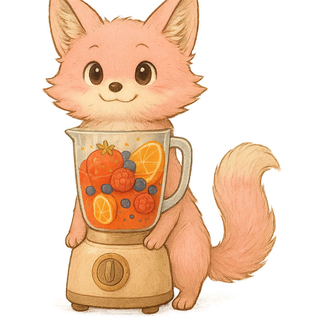 Expand this Ghibli-style pastel pink blender fox into a full-body image, showing the entire fox and blender base. Keep the high-quality, detailed, and joyful look with a transparent body containing a vibrant fruity smoothie inside. Maintain sparkling expressive eyes and a sweet, joyful expression. Transparent background. emoji