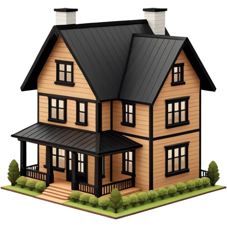 brown wooden modern farmhouse with black trim exterior, isometric dollhouse-style, highly detailed  emoji