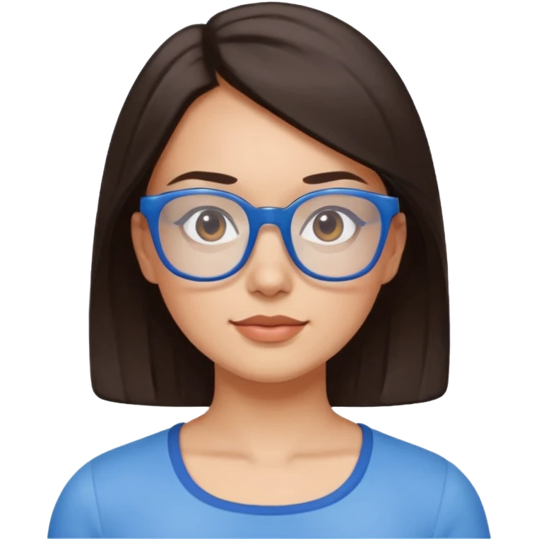mujer de 30 años, cabello marron oscuro, ANTEOJOS CELESTE BLANCOS, top celeste escote cuadrado, piel blanca, cara redonda emoji