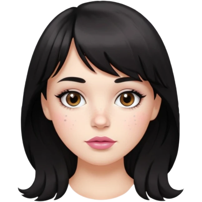 white girl, oval face, bangs and long black, slightly wavy hair. With round brown eyes, small and round nose, full and pink lips. Skin with some freckles. rock style emoji