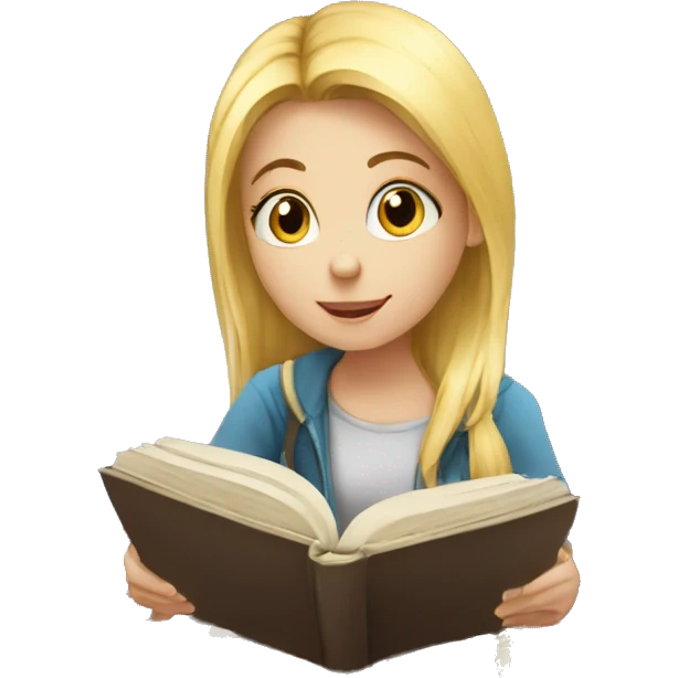 Blond girl learning chess, she is holding a book and is looking on a chess board emoji