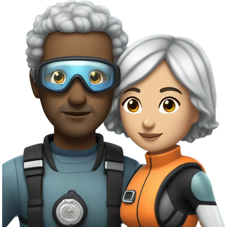 40 year old woman with light brown skin and short curly black hair, holding the hand of a 50 year old white man with short gray hair, both people dressed in snorkel gear emoji