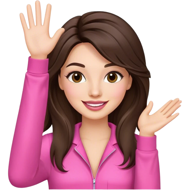 Woman. Brunette. Long layered hair. Long lashes, lipgloss. Pink junmpsuit. Waving, happy face.  emoji