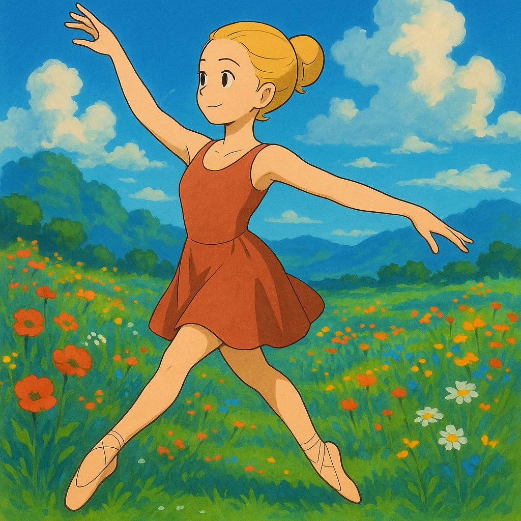 Add a vibrant, colorful background behind Dana Dawson in a dance pose, keep the original ghibli style emoji