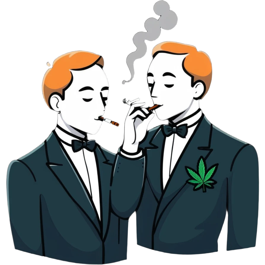 Two men in tuxedos smoking cannabis at a wedding party emoji
