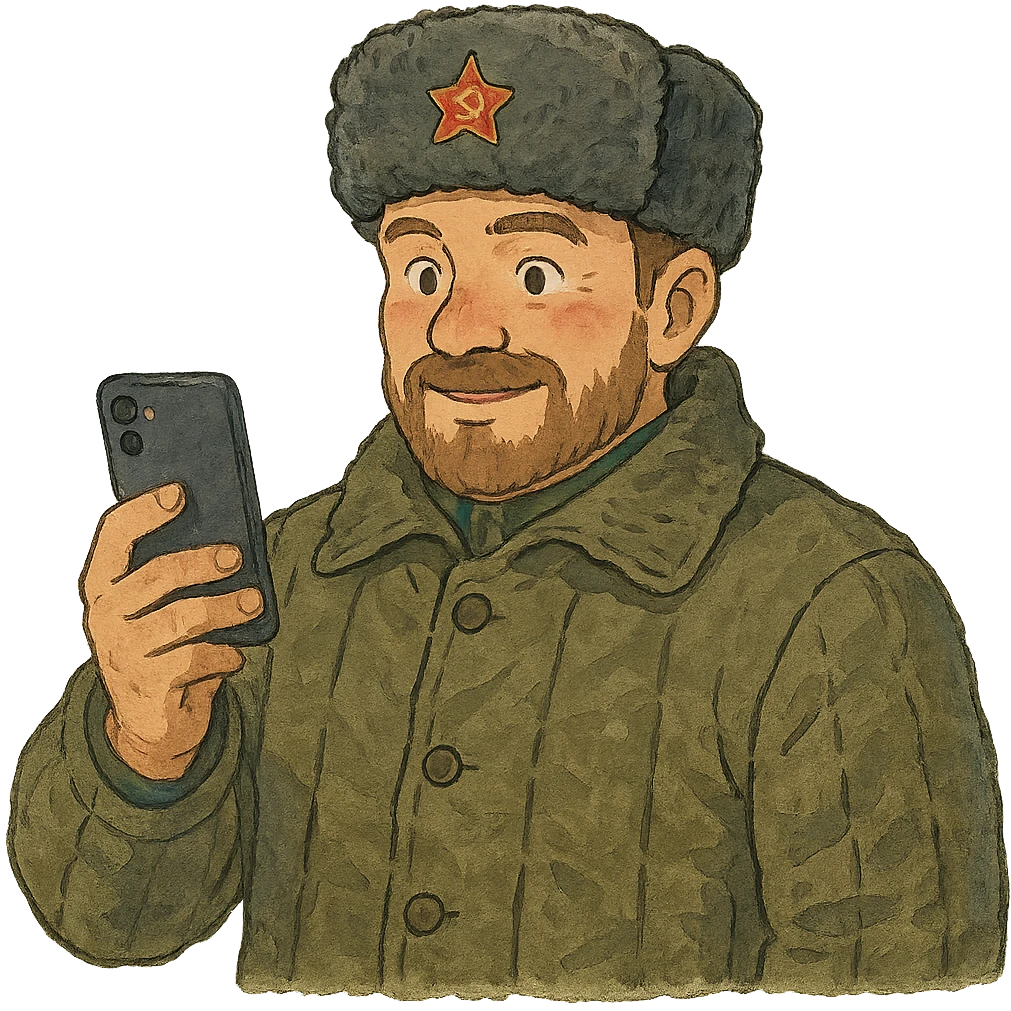 ghibli style illustration of a Russian military blogger in ushanka and vatnik, holding a phone emoji