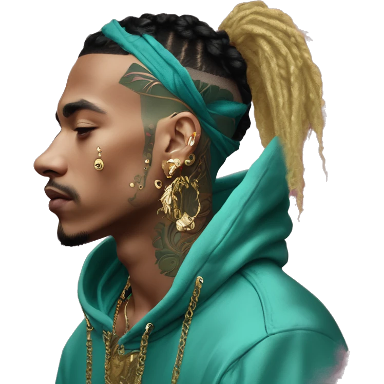Vintage patina intricate swirls gold jewellery baroque golden raven tropical Deep pink maroon burgundy cyan dark hoodie man vitiligo dyed hair gold piercings nose piercing ear piercings emoji