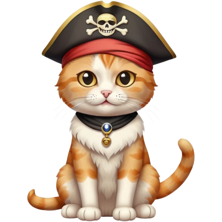 cat full body sitting, winking, wearing a pirate hat and eye patch emoji