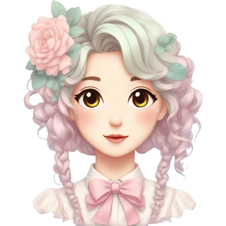 Gorgeous pastel anime style lady with blushing face and flowers and laces and bow ties and pretty hair aesthetic trending style emoji