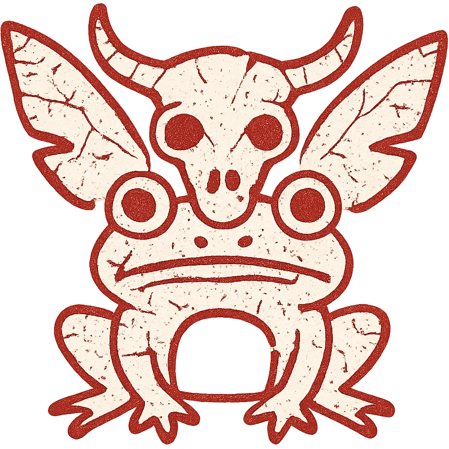 a horrifying minimalist red line art icon of a single fused creature with minotaur skull base, stoat features, frog eyes/mouth, and moth wings growing from back of skull, transparent hollow middle, with deliberately smudged, worn, torn appearance and missing pieces, only thin red lines, weathered like ancient damaged artwork emoji