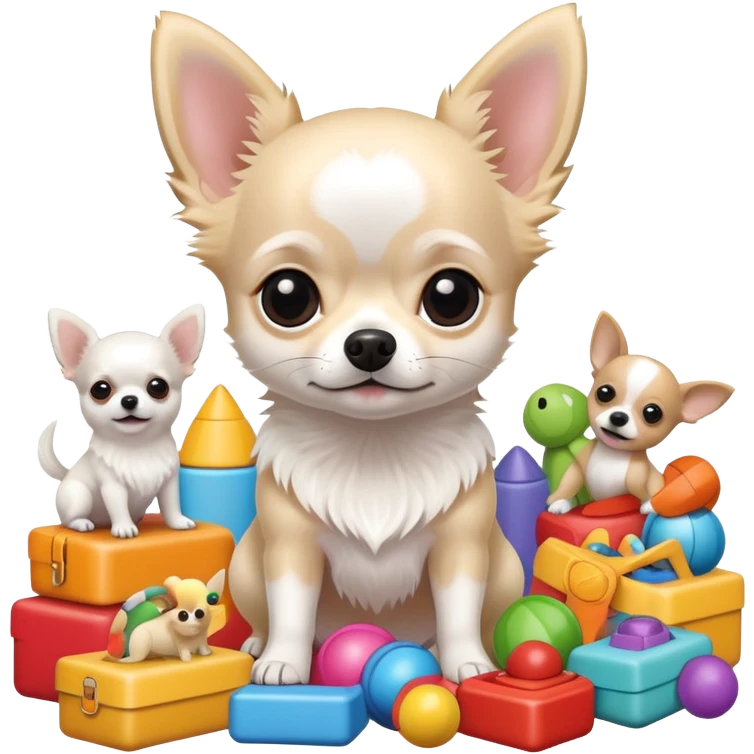 Beautiful white hairy chihuahua surrounded by a lot of toys emoji