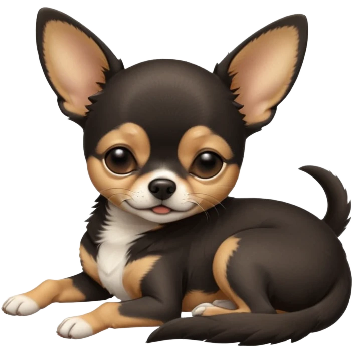 A high-resolution photo-realistic digital illustration of a cute black and tan chihuahua with eyes closed shut sleeping lazily on the ground emoji
